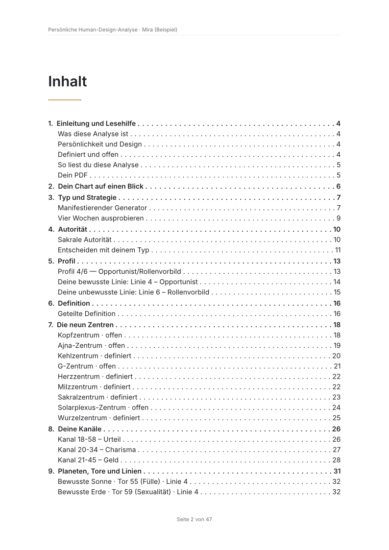 Inhaltsverzeichnis der Analyse mit Kapiteln, Abschnitten und Seitenzahlen
